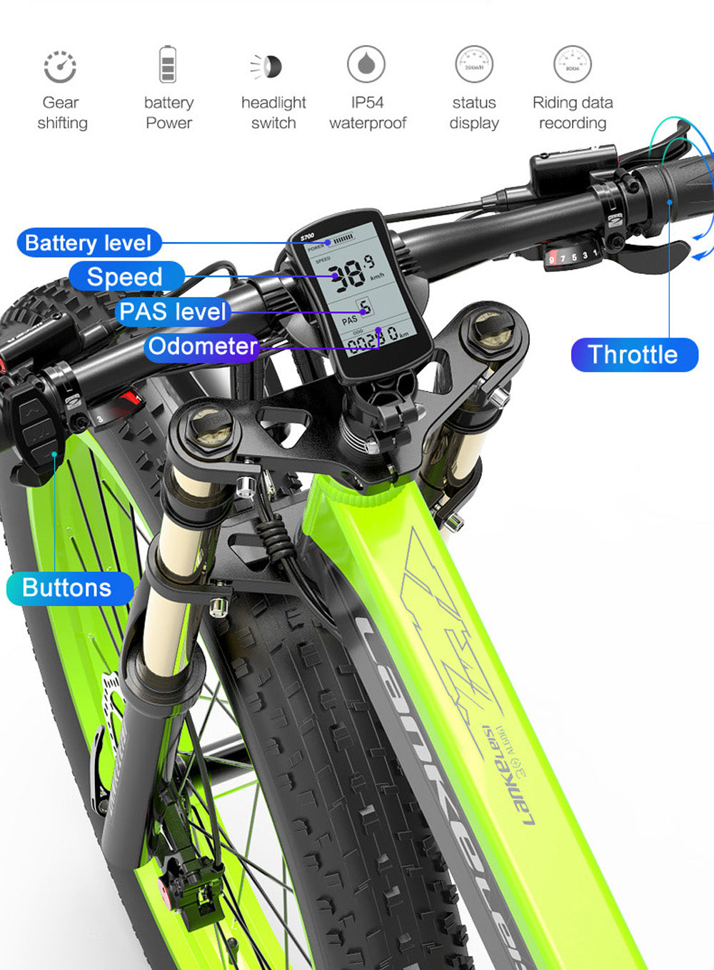 Lankeleisi XT750Plus 1000W Bicicletă electrică puternică cu anvelope grase, asistență la pedală cu 5 niveluri, baterie cu litiu de mare capacitate 48V 14,5A/17,5A, adoptă furca de coborâre cu suspensie cu umăr dublu